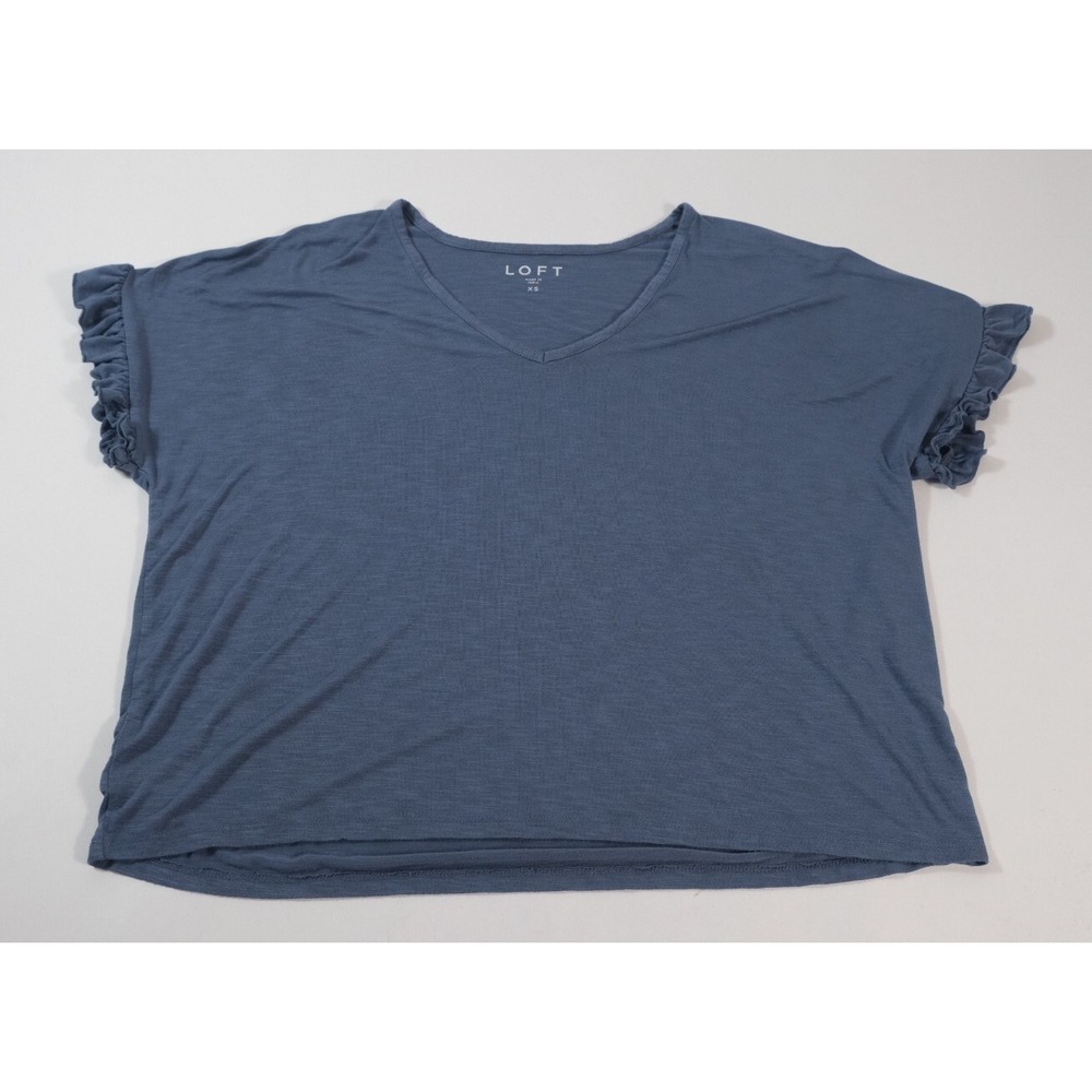 LOFT Top Women XS Blue V-Neck Ruffle Sleeve Rayon Blend Casual Solid Knit Tee